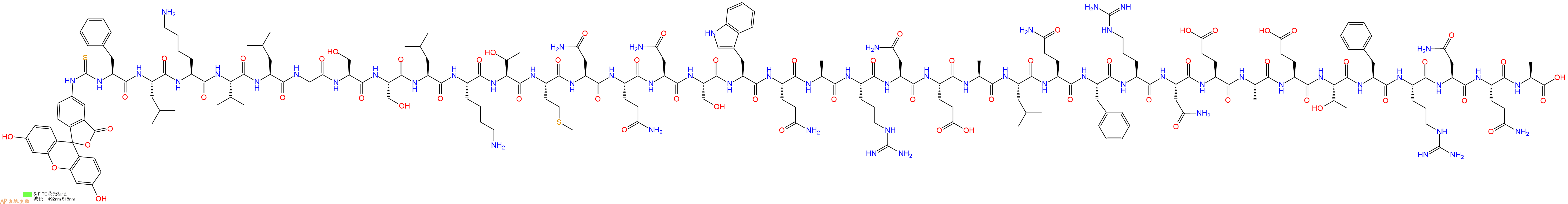 專肽生物產(chǎn)品5FITC-Phe-Leu-Lys-Val-Leu-Gly-Ser-Ser-Leu-Lys-Thr-Met-Asn-Gln-Asn-Ser-Trp-Gln-Ala-Arg-Asn-Glu-Ala-Leu-Gln-Phe-Arg-Asn-Glu-Ala-Glu-Thr-Phe-Arg-Asn-Gln-Ala-COOH