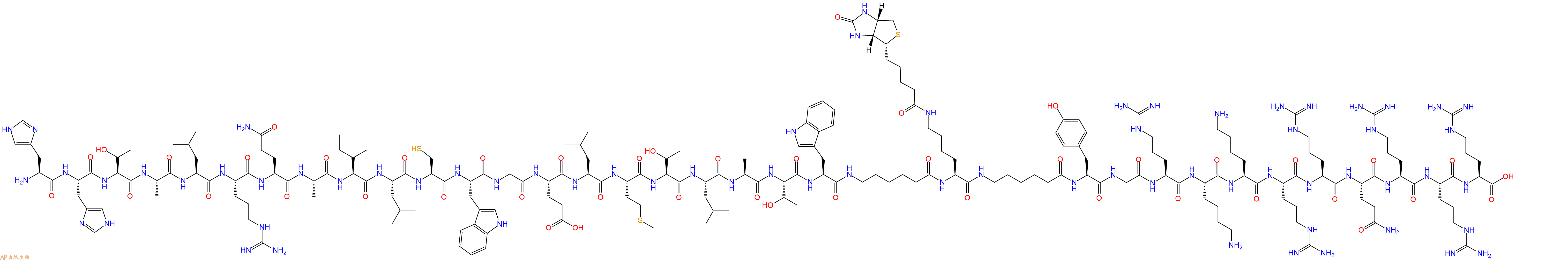 專肽生物產(chǎn)品H2N-His-His-Thr-Ala-Leu-Arg-Gln-Ala-Ile-Leu-Cys-Trp-Gly-Glu-Leu-Met-Thr-Leu-Ala-Thr-Trp-Ahx-Lys(Biotin)-Ahx-Tyr-Gly-Arg-Lys-Lys-Arg-Arg-Gln-Arg-Arg-Arg-COOH