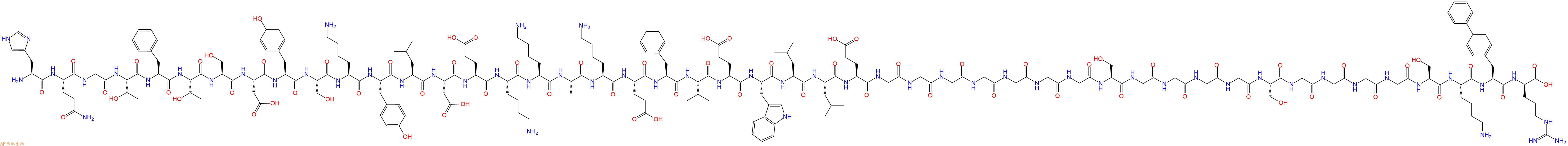 專肽生物產(chǎn)品H2N-His-Gln-Gly-Thr-Phe-Thr-Ser-Asp-Tyr-Ser-Lys-Tyr-Leu-Asp-Glu-Lys-Lys-Ala-Lys-Glu-Phe-Val-Glu-Trp-Leu-Leu-Glu-Gly-Gly-Gly-Gly-Gly-Gly-Gly-Ser-Gly-Gly-Gly-Gly-Ser-Gly-Gly-Gly-Gly-Ser-Lys-Bip-DArg-OH