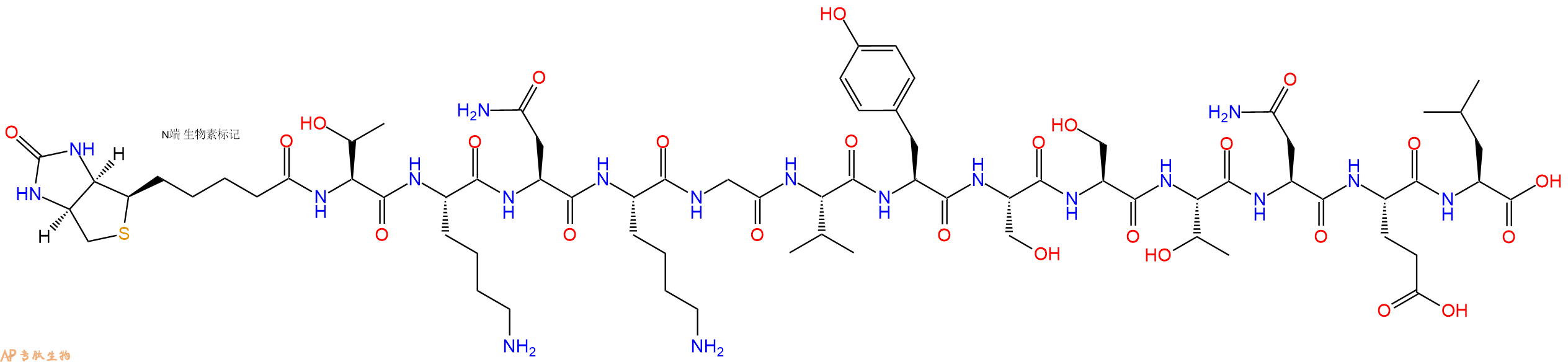 專(zhuān)肽生物產(chǎn)品Biotinyl-Thr-Lys-Asn-Lys-Gly-Val-Tyr-Ser-Ser-Thr-Asn-Glu-Leu-OH