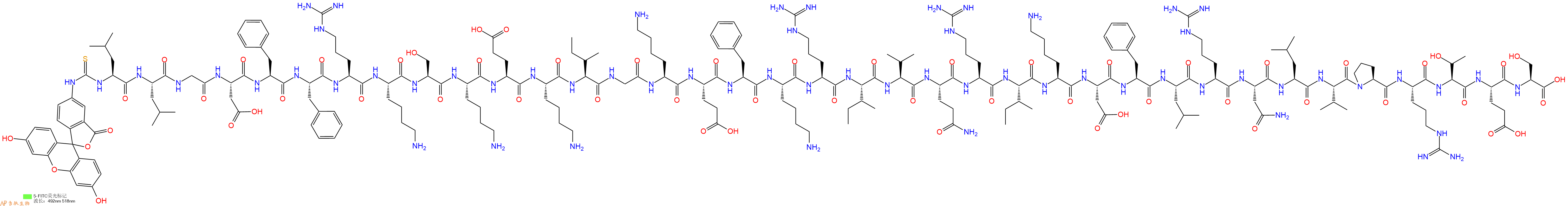 專肽生物產(chǎn)品5FITC-Leu-Leu-Gly-Asp-Phe-Phe-Arg-Lys-Ser-Lys-Glu-Lys-Ile-Gly-Lys-Glu-Phe-Lys-Arg-Ile-Val-Gln-Arg-Ile-Lys-Asp-Phe-Leu-Arg-Asn-Leu-Val-Pro-Arg-Thr-Glu-Ser-OH