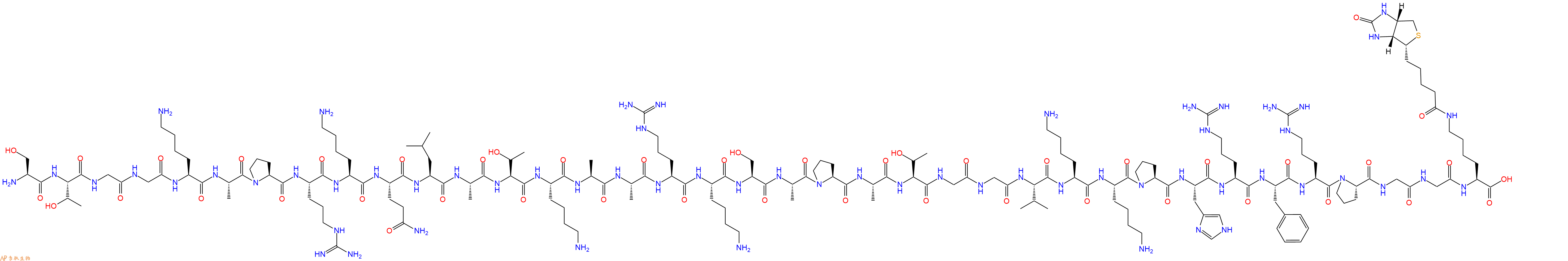 專肽生物產(chǎn)品H2N-Ser-Thr-Gly-Gly-Lys-Ala-Pro-Arg-Lys-Gln-Leu-Ala-Thr-Lys-Ala-Ala-Arg-Lys-Ser-Ala-Pro-Ala-Thr-Gly-Gly-Val-Lys-Lys-Pro-His-Arg-Phe-Arg-Pro-Gly-Gly-Lys(Biotin)-OH
