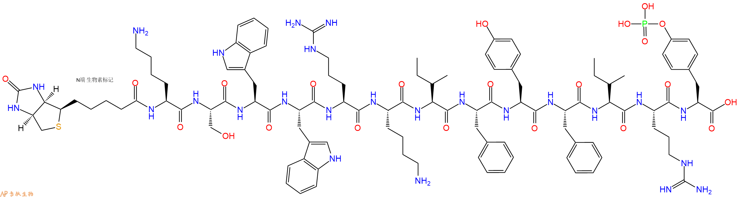 專肽生物產品Biotinyl-Lys-Ser-Trp-Trp-Arg-Lys-Ile-Phe-Tyr-Phe-Ile-Arg-Tyr(PO3H2)-OH