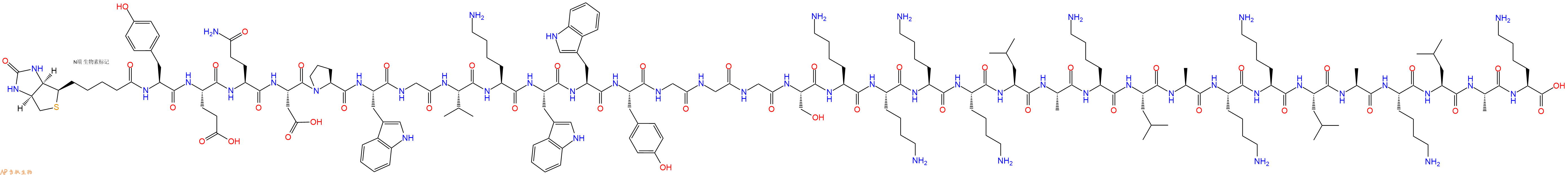 專肽生物產(chǎn)品Biotinyl-Tyr-Glu-Gln-Asp-Pro-Trp-Gly-Val-Lys-Trp-Trp-Tyr-Gly-Gly-Gly-Ser-Lys-Lys-Lys-Lys-Leu-Ala-Lys-Leu-Ala-Lys-Lys-Leu-Ala-Lys-Leu-Ala-Lys-OH