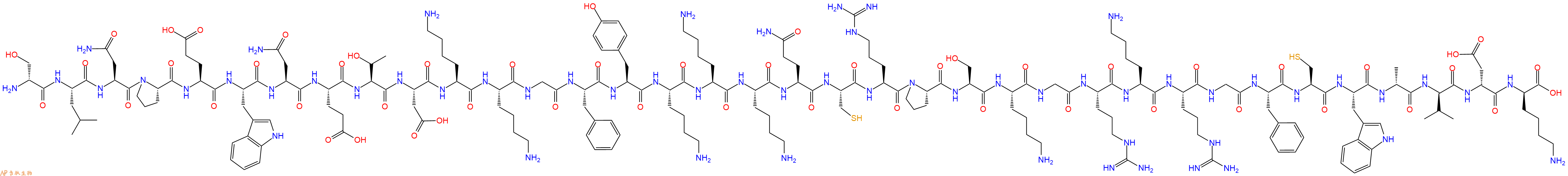 專肽生物產(chǎn)品H2N-DSer-Leu-Asn-Pro-Glu-Trp-Asn-Glu-Thr-Asp-Lys-Lys-Gly-Phe-Tyr-Lys-Lys-Lys-Gln-Cys-Arg-Pro-Ser-Lys-Gly-Arg-Lys-Arg-Gly-Phe-Cys-Trp-DAla-DVal-DAsp-DLys-OH