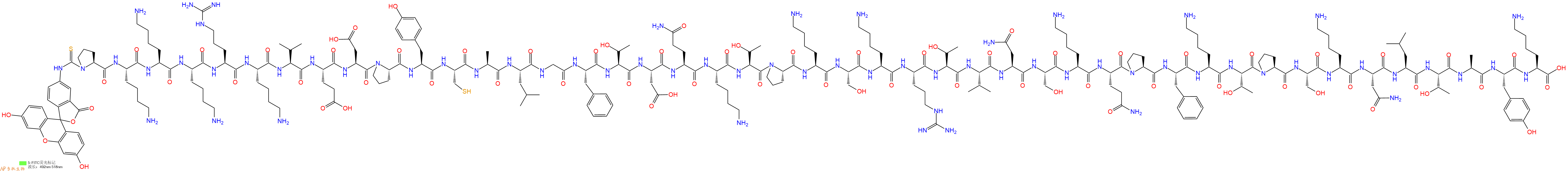專肽生物產(chǎn)品5FITC-Pro-Lys-Lys-Lys-Arg-Lys-Val-Glu-Asp-Pro-Tyr-Cys-Ala-Leu-Gly-Phe-Thr-Asp-Gln-Lys-Thr-Pro-Lys-Ser-Lys-Arg-Thr-Val-Asn-Ser-Lys-Gln-Pro-Phe-Lys-Thr-Pro-Ser-Lys-Asn-Leu-Thr-Ala-Tyr-Lys-OH