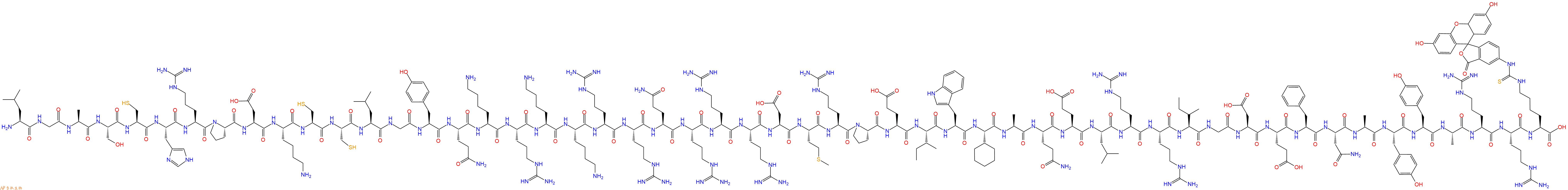 專肽生物產(chǎn)品H2N-Leu-Gly-Ala-Ser-Cys-His-Arg-Pro-Asp-Lys-Cys-Cys-Leu-Gly-Tyr-Gln-Lys-Arg-Lys-Lys-Arg-Arg-Gln-Arg-Arg-Arg-Asp-Met-Arg-Pro-Glu-Ile-Trp-Chg-Ala-Gln-Glu-Leu-Arg-Arg-Ile-Gly-Asp-Glu-Phe-Asn-Ala-Tyr-Tyr-Ala-Arg-Arg-Lys(FITC)-OH