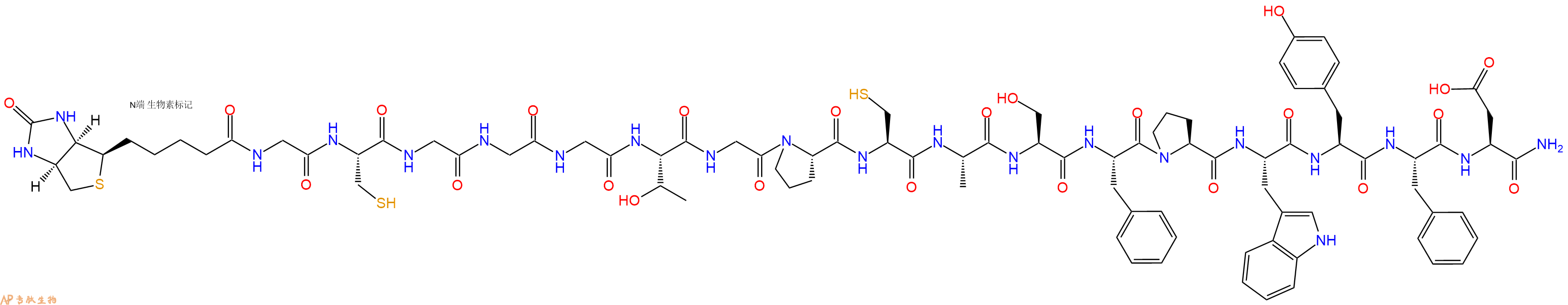 專肽生物產(chǎn)品Biotinyl-Gly-Cys-Gly-Gly-Gly-Thr-Gly-Pro-Cys-Ala-Ser-Phe-Pro-Trp-Tyr-Phe-Asp-CONH2