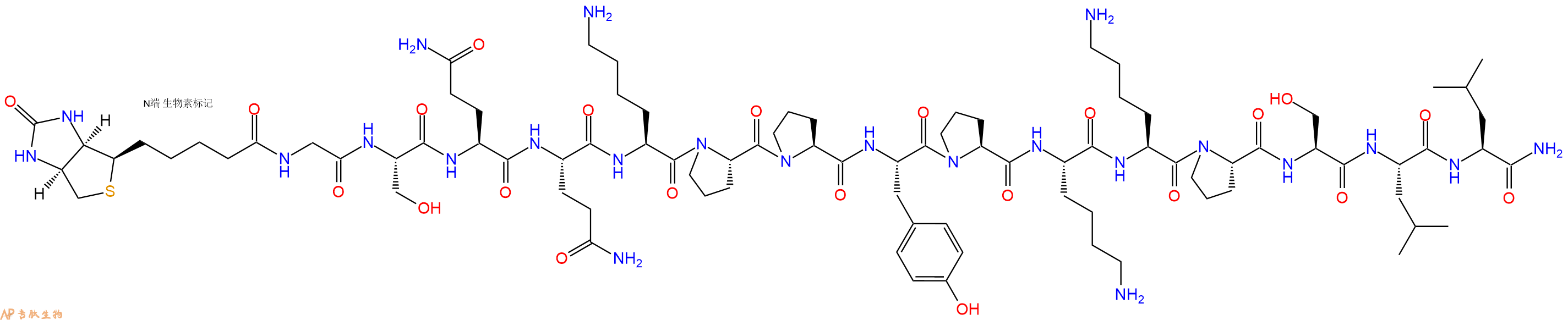 專肽生物產(chǎn)品Biotinyl-Gly-Ser-Gln-Gln-Lys-Pro-Pro-Tyr-Pro-Lys-Lys-Pro-Ser-Leu-Leu-CONH2
