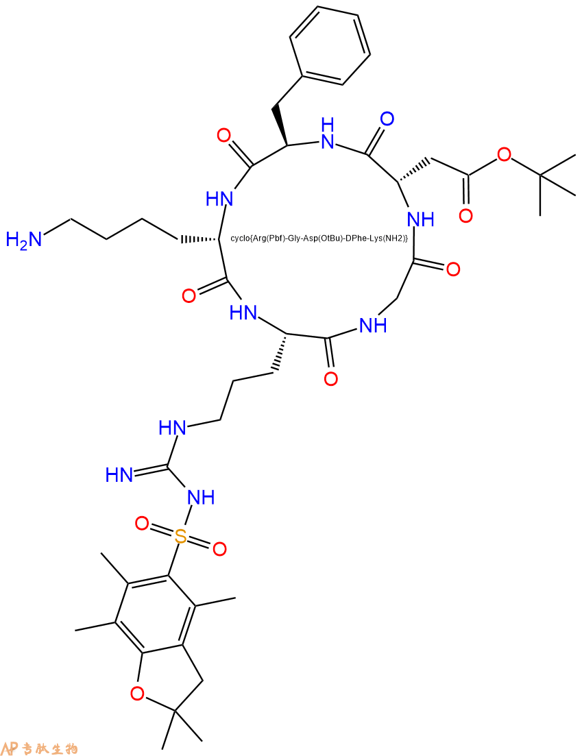 專肽生物產(chǎn)品帶保護(hù)的c(RGDfK)：cyclic Arg(Pbf)-Gly-Asp(OtBu)-D-Phe-Lys(NH2)226559-04-2